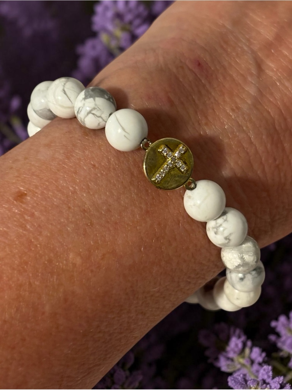 Howlite Bead Bracelet with Gold Cross Accent Stretch